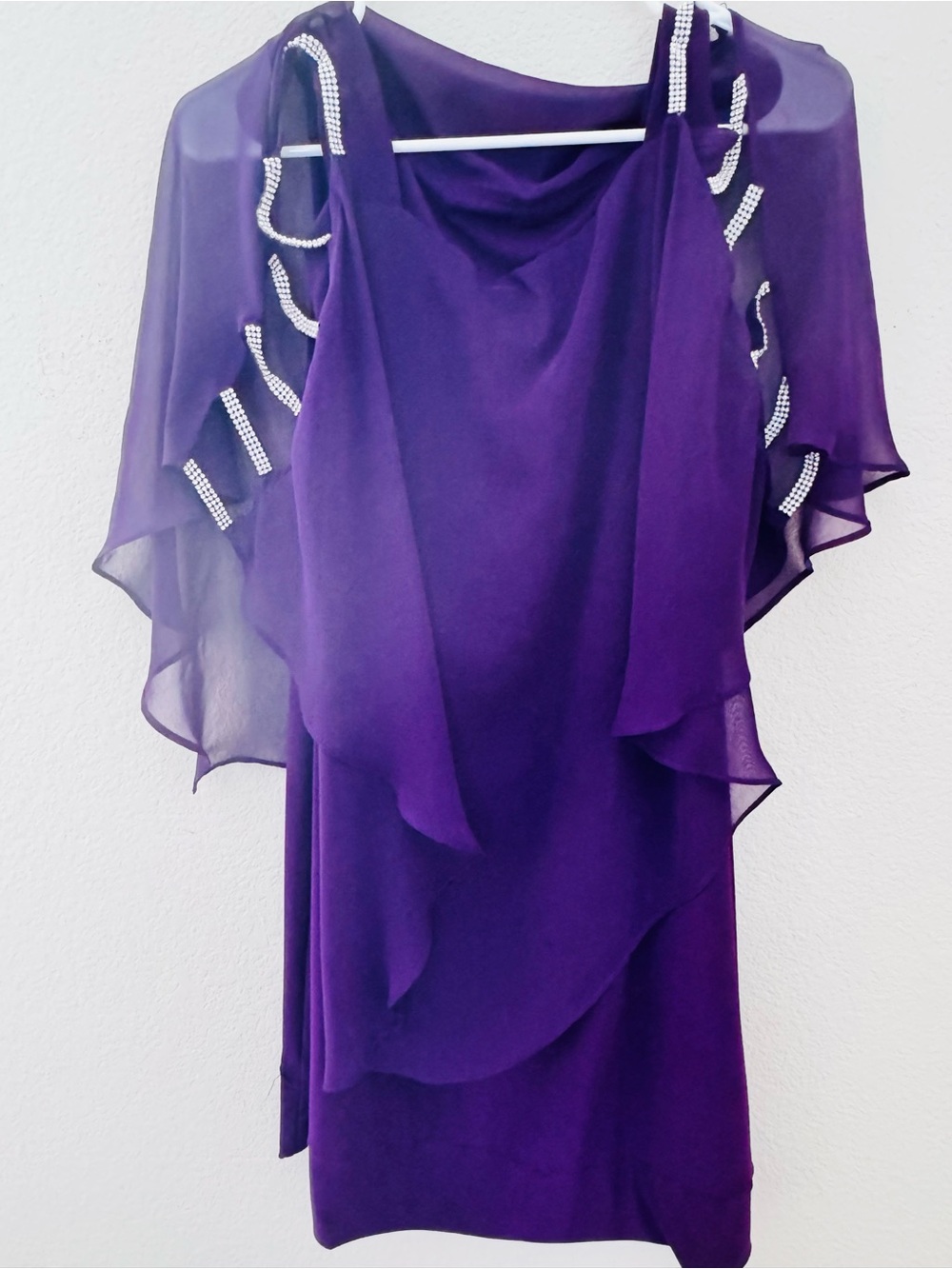 MSK Purple Midi Dress with Chiffon Cape and Rhinestone Accents